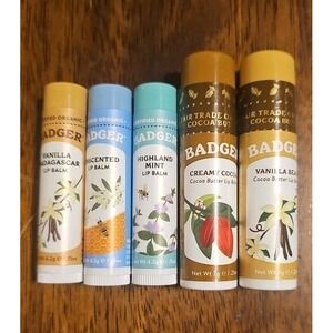 Lot Of 5 Badger Lip Balm Sticks Vanilla Bean, Madagascar, Cocoa, Unscented, Mint